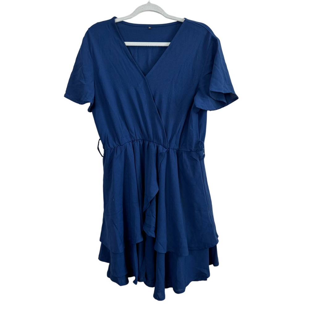 NWT Women's Blue Flowy Faux Wrap Wing Sleeve Dress XL